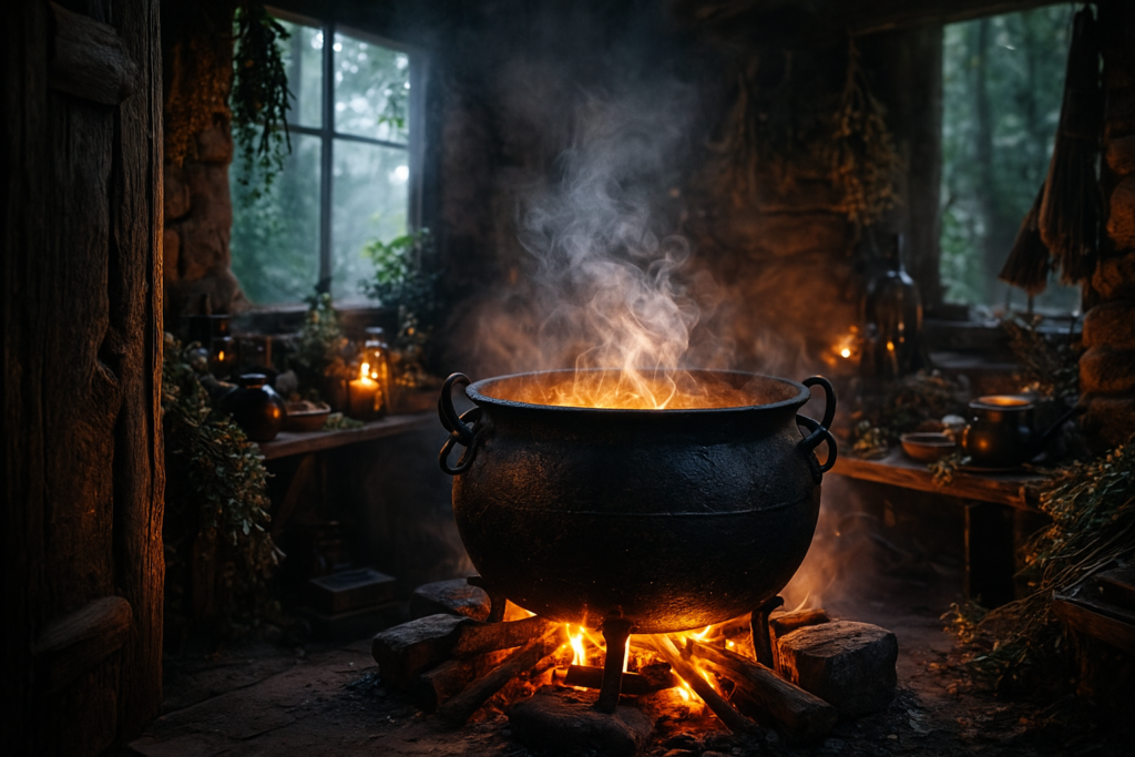 A rustic metal cauldron simmering over a small fire in a dim shed, filled with herbs and leaves, symbolizing alchemy and transformation.