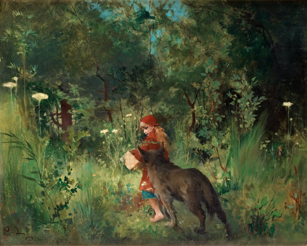 A scene from a feminine fairytale - Little Red Riding Hood standing in a forest clearing beside a wolf, surrounded by wildflowers and dense foliage - oil painting by Carl Larsson, Paris, 1881